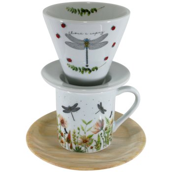 Kit Coador E Caneca Porcelana Libélula