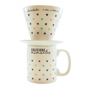 Kit Coador E Caneca 325 Porcelana Mini Coração